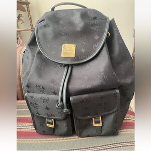 Vintage MCM Drawstring Backpack Black Coated Canvas Leather Trim Authentic